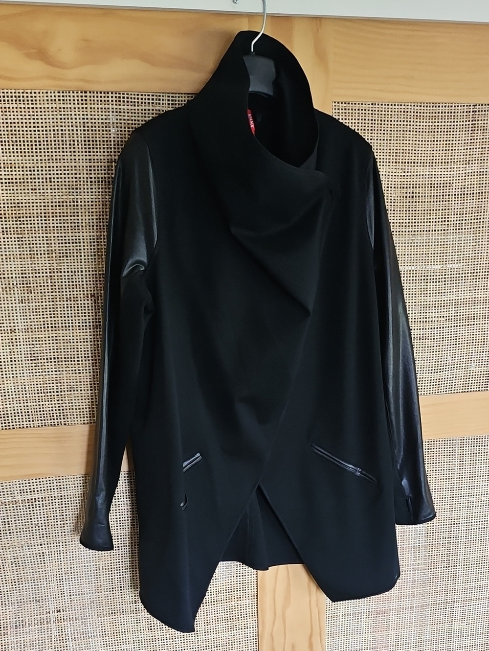 EUC SPANX Black Draped Open-Front Jacket with Faux Leather Sleeves XL